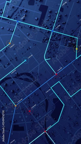 Vertical video 3D rendering a map of the community town with roads and alleys with circles indicate the destinations with random numbers for cyber technology and futuristic concept