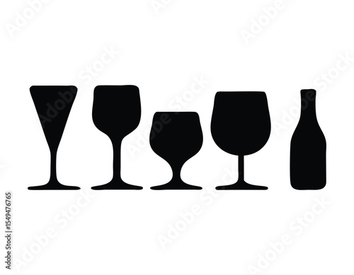 Black Silhouettes of Wine Glasses and Bottle Set on White Background wine glass silhouettes