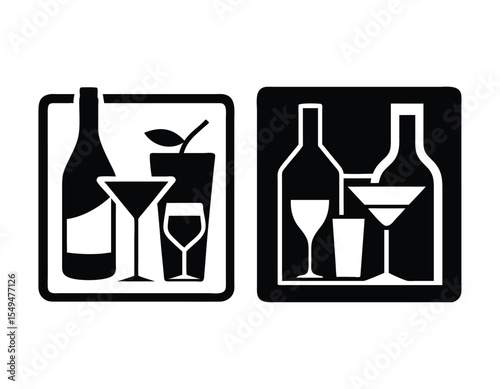 Two Black and White Icons Depicting Wine Bottles Glasses and Cocktails wine glass