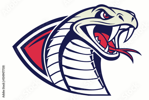 Stylized cobra head showing its fangs and forked red tongue, outlined in dark blue