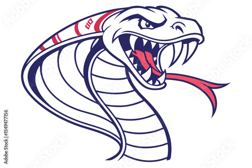 Fierce cobra head shows its fangs and striking tongue within a outline