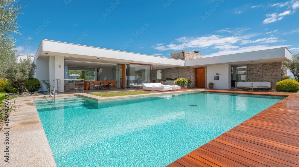Fototapeta premium Modern Luxury House with Swimming Pool Surrounded by Lush Garden and Clear Blue Sky in a Sunny Day, Ideal for Relaxation and Outdoor Living