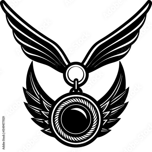 Winged medal award emblem isolated on white background