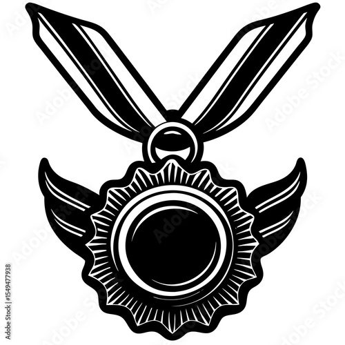 Winged medal award with ribbon isolated on white background