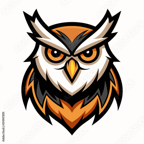Owl head with orange eyes isolated on white background