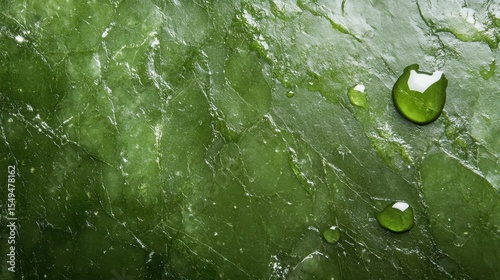 A striking close-up of an elegant green marble surface adorned with droplets of water, embodying freshness, beauty, and natural refinement in its simplest form.