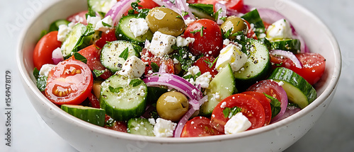Fresh Greek Salad with Tomatoes, Cucumbers, Olives, and Feta Cheese