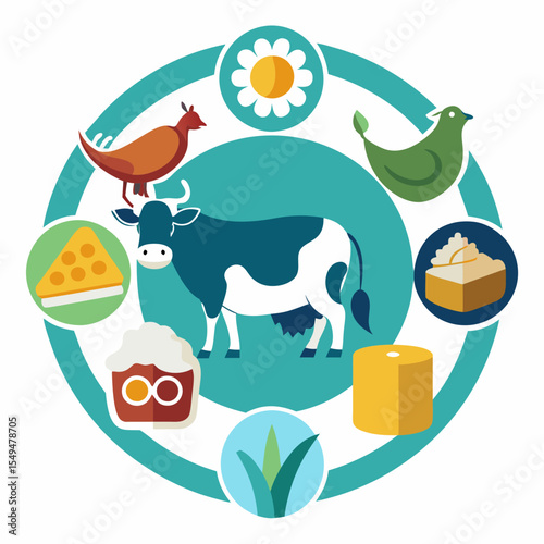 Dairy food products and cow illustration isolated on white background