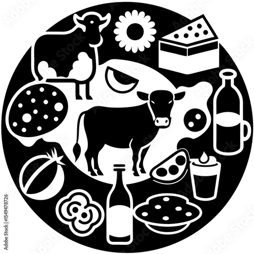 Black and white dairy food products and cow illustration