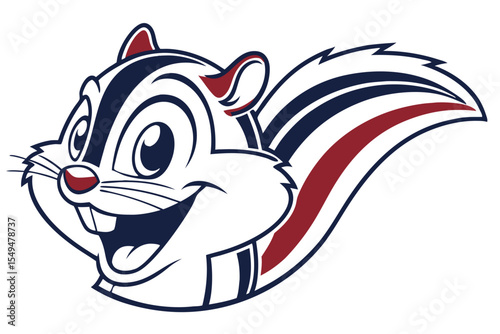 Happy cartoon squirrel has a red nose and a striped tail design