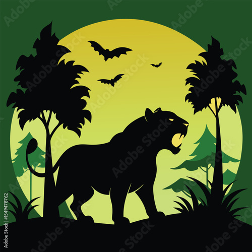 Roaring Black Tiger Silhouette Jungle Night Green Yellow Moon Bats Trees vector