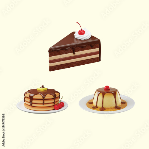 Delicious 3D Chocolate Delights Cake, Pancakes, and Caramel Pudding - Sweet Treats for Every Craving