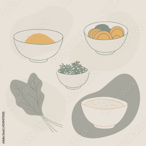 Culinary Harmony: An artistic arrangement of delectable bowls and fresh culinary ingredients. Minimalist aesthetic conveys a sense of freshness and purity in this modern composition.