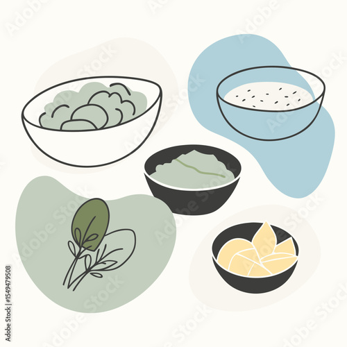 Culinary Harmony: An artistic arrangement of delectable bowls and fresh culinary ingredients. Minimalist aesthetic conveys a sense of freshness and purity in this modern composition.