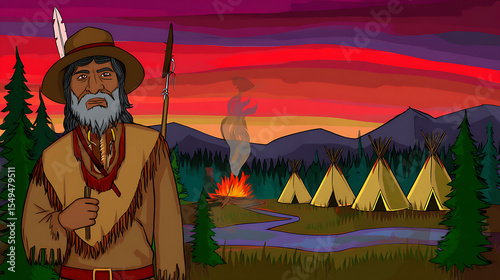Native American at Campsite Evening Illustration photo