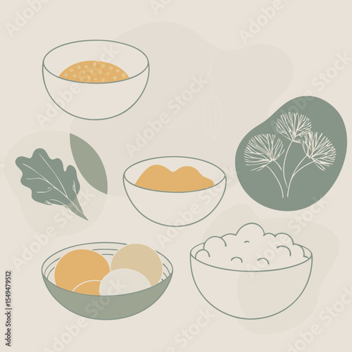 Culinary Harmony: An artistic arrangement of delectable bowls and fresh culinary ingredients. Minimalist aesthetic conveys a sense of freshness and purity in this modern composition.