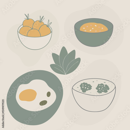 Culinary Harmony: An artistic arrangement of delectable bowls and fresh culinary ingredients. Minimalist aesthetic conveys a sense of freshness and purity in this modern composition.