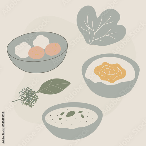 Culinary Harmony: An artistic arrangement of delectable bowls and fresh culinary ingredients. Minimalist aesthetic conveys a sense of freshness and purity in this modern composition.