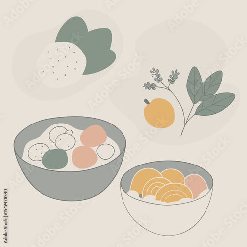 Culinary Harmony: An artistic arrangement of delectable bowls and fresh culinary ingredients. Minimalist aesthetic conveys a sense of freshness and purity in this modern composition.