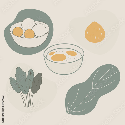 Culinary Harmony: An artistic arrangement of delectable bowls and fresh culinary ingredients. Minimalist aesthetic conveys a sense of freshness and purity in this modern composition.
