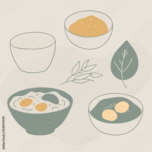 Culinary Harmony: An artistic arrangement of delectable bowls and fresh culinary ingredients. Minimalist aesthetic conveys a sense of freshness and purity in this modern composition.