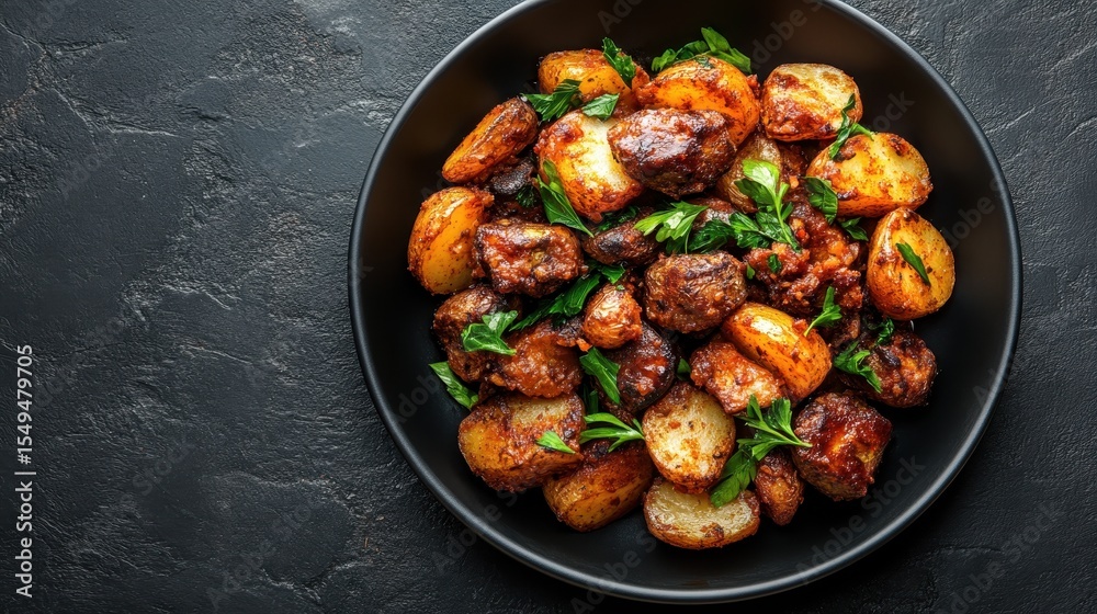 A vibrant dish featuring golden roasted potatoes tossed with aromatic herbs, capturing a rustic culinary essence perfect for gourmet presentations or food photography. A vibrant dish featuring golden roasted potatoes tossed with aromatic herbs, capturing a rustic culinary essence perfect for gourmet presentations or food photography.