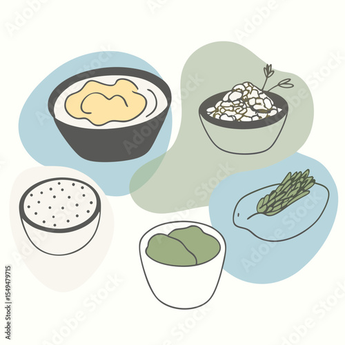 Culinary Harmony: An artistic arrangement of delectable bowls and fresh culinary ingredients. Minimalist aesthetic conveys a sense of freshness and purity in this modern composition.