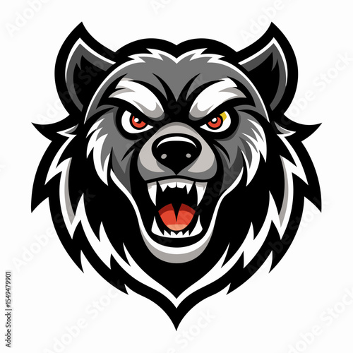 Angry wolf head with red eyes and bared teeth