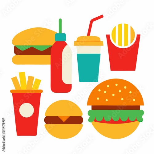 Colorful Combo: An inviting assortment of fast food items. From juicy hamburgers to refreshing beverages, these iconic food and drink staples promise a moment of indulgence and satisfaction.
