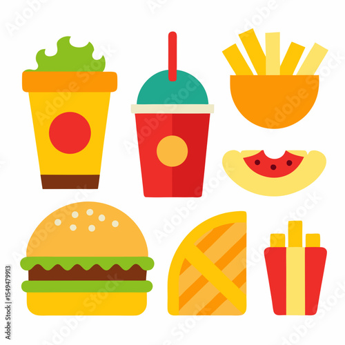 Colorful Combo: An inviting assortment of fast food items. From juicy hamburgers to refreshing beverages, these iconic food and drink staples promise a moment of indulgence and satisfaction.