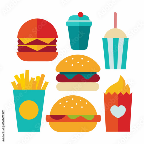 Colorful Combo: An inviting assortment of fast food items. From juicy hamburgers to refreshing beverages, these iconic food and drink staples promise a moment of indulgence and satisfaction.