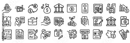 Finance and Banking Outline Icon Pack – Featuring Budget, Banking, Savings, Investment, Credit, and More. Editable Stroke Icons.