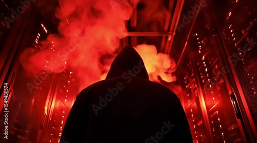 Dark silhouette in hoodie facing red-lit servers with dramatic smoke and shadows.