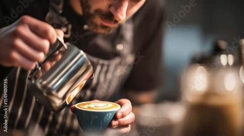 Close-up of focused barista pouring steamed milk to form heart-shaped latte design.