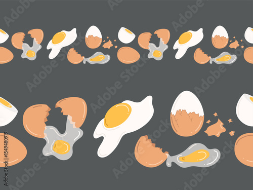 Seamless horizontal border with chicken eggs. Hand drawn vector illustration in flat style. Whole and broken brown eggshell eggs, boiled, fried eggs, yolk. Concept of tasty breakfast, farm, cooking