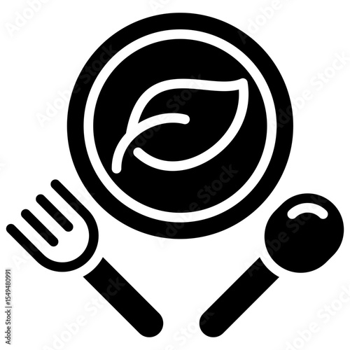 Clean Eating - Glyph Black Fill Silhouette Style Icon - plate with a leaf and cutlery, representing healthy or plant-based eating