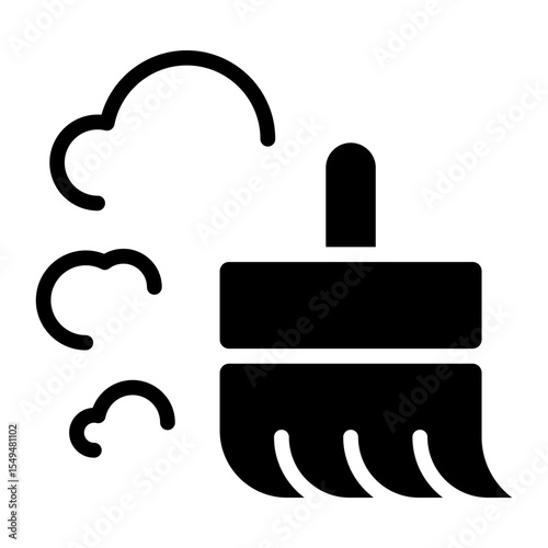 Floor Cleaning - Glyph Black Fill Silhouette Style Icon - broom with dust clouds, symbolizing sweeping and tidying a floor surface