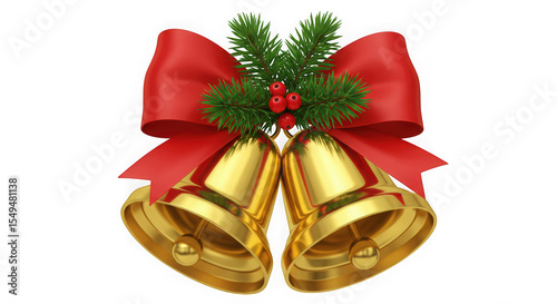 Golden christmas bells with red bow and holly sprig isolated on transparent background