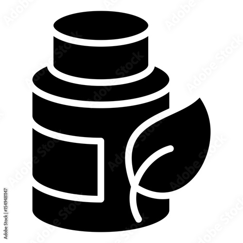Herbal Capsule - Glyph Black Fill Silhouette Style Icon - pill bottle with a leaf symbol, suggesting natural or plant-based contents