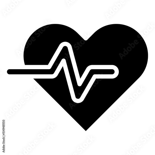 Heart Rate - Glyph Black Fill Silhouette Style Icon - Heart symbol with pulse line, representing cardiovascular health tracking
