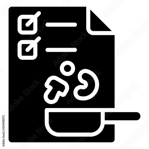 Meal Plan - Glyph Black Fill Silhouette Style Icon - checklist with food items and a frying pan, representing structured meal preparation