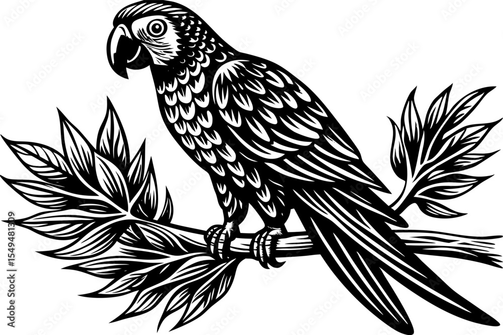 Obraz premium A macaw perched on a branch, isolated on a white background.