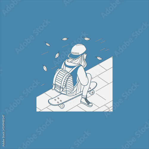 A thoughtful girl sits on a skateboard, reflecting on a breezy autumn day.
