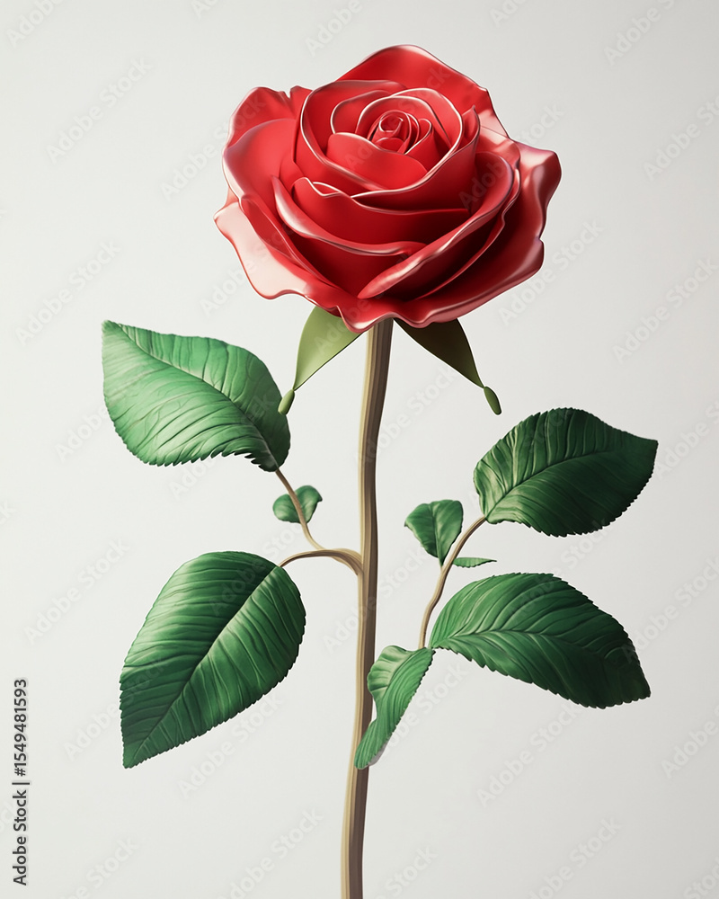 Obraz premium A single red rose with green leaves and a stem against a white background art