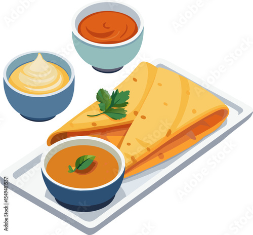 South Indian masala dosa with sambar and chutney bowls, white background 