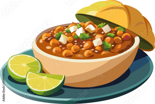 Spicy misal pav with farsan on top and lime wedge, isolated on white background