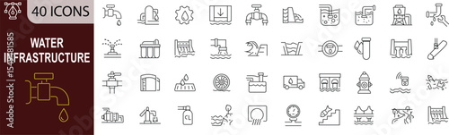 Water Infrastructure Line Icons Set: Taps, Filtration, Dams & More - Essential Vector Collection. Editable Stroke 