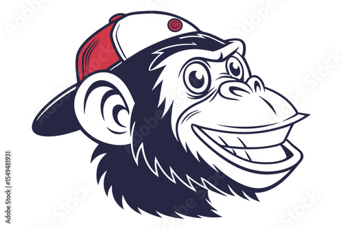Playful cartoon monkey smiles broadly wearing a red and white baseball cap on a white background