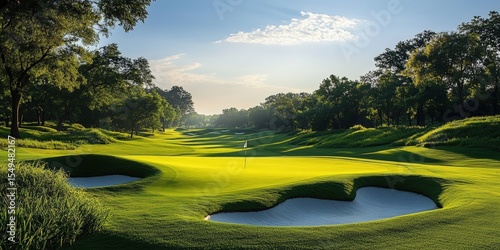 A sunlit golf course with neatly trimmed greens, sand bunkers, and surrounding trees under a partly cloudy sky.