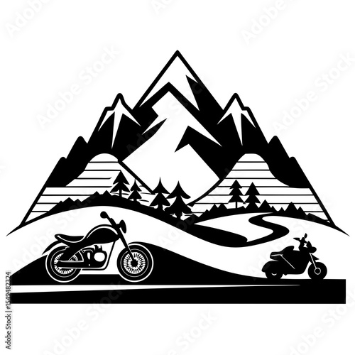 Two motorcycles on a road with mountains and trees landscape